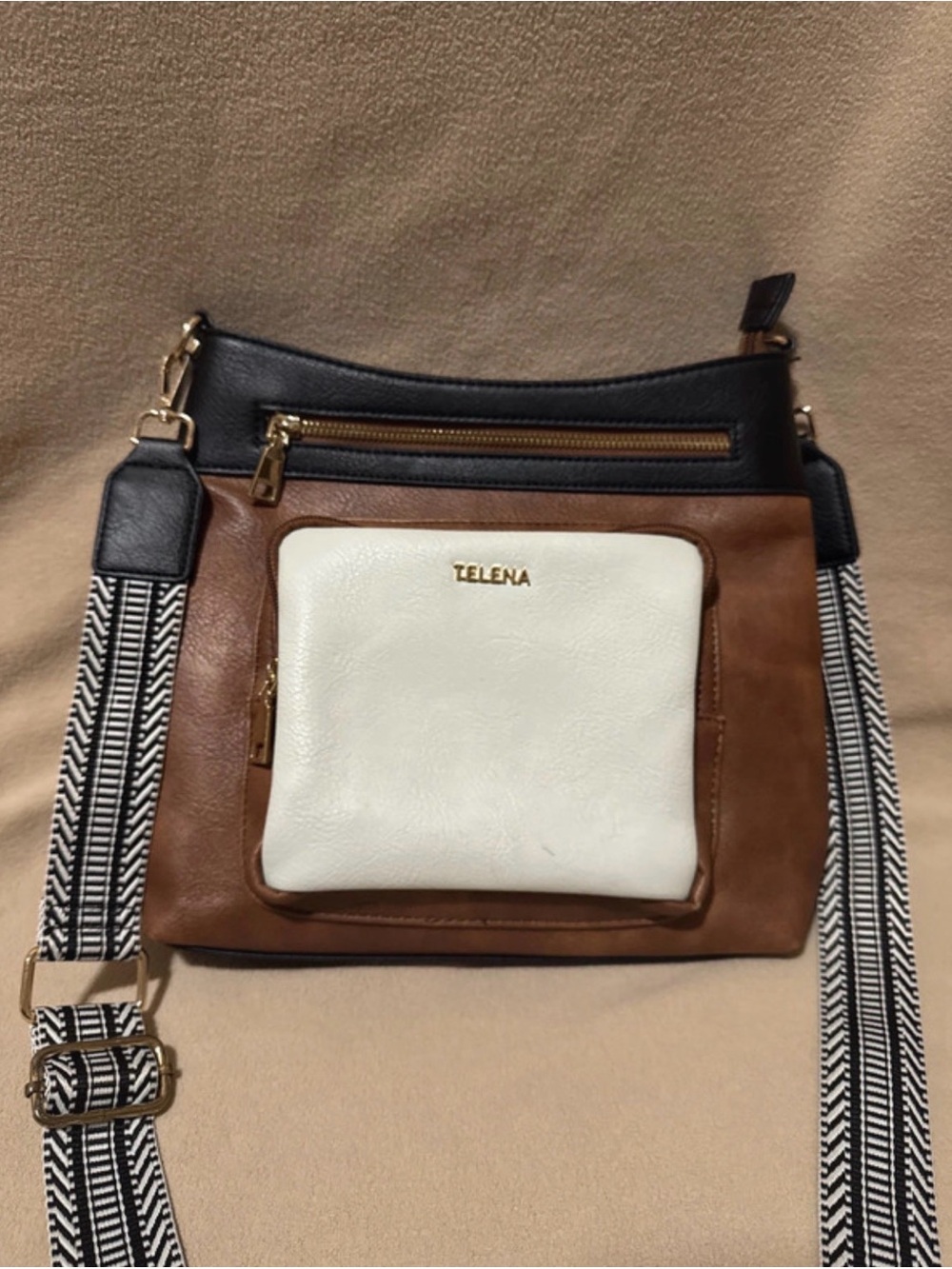 Telena Two-Tone Leather Crossbody Bag in Brown, Black & White